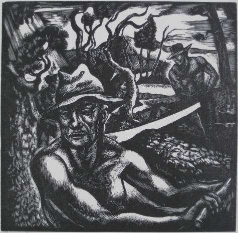 H. Simon wood engraving: Howard Simon- ''Rhythms of Men in the Wilderness''- wood engraving, 1948, signed in pencil, done for the Woodcut Society, two old paper tape hinges at top edge otherwise good condition. 7 x 7'' 17.8 x