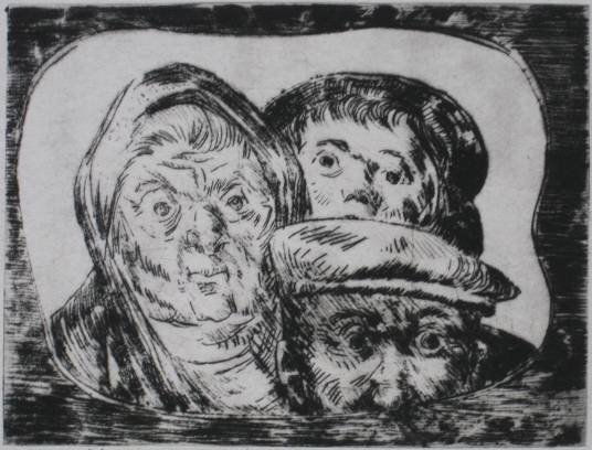 Clyde Singer etching: Clyde Singer- ''The Witness''- etching, 1953, signed, titled and annotated in pencil, some soiling in margins otherwise very good condition. 3 x 4'' 7.6 x 10.2 cm