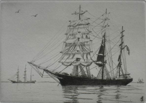 Charles J. A. Wilson- 6 etchings: Charles J. A. Wilson- ''Three Brothers''; ''Maid of Orleans of Salem''; ''Coaster''; ''Sea Witch'' ''Yankee'' and ''Heare Short Ship A. G. Ropes''- 6 etchings, all signed and titled in pencil, some sl