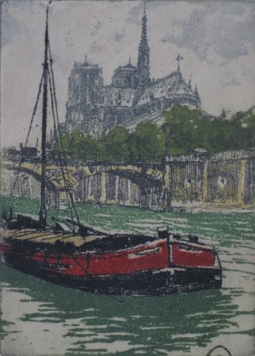 Hans Figura etching in colors: Hans Figura- Notre Dame from the Seine- etching in colors, signed in pencil, very good condition. 3 1/4 x 2 1/4'' 8.3 x 5.7 cm