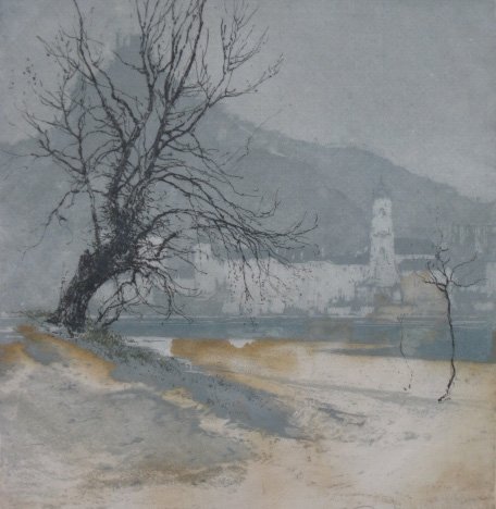 Luigi Kasimir etching in colors: Luigi Kasimir- ''Durnstine in the Fog''- etching in colors, signed in pencil, some staining throughout. 9 3/4 x 9 1/4'' 24.8 x 23.5 cm