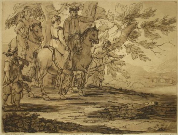 after Claude Lorrain etching: after Claude Lorrain- Genre Scene- etching and aquatint, 1774, engraved by Richard Earlom, published by John Boydell, engraver in Cheapside, very good condition. 7 1/2 x 10 1/4'' 19.1 x 26 cm