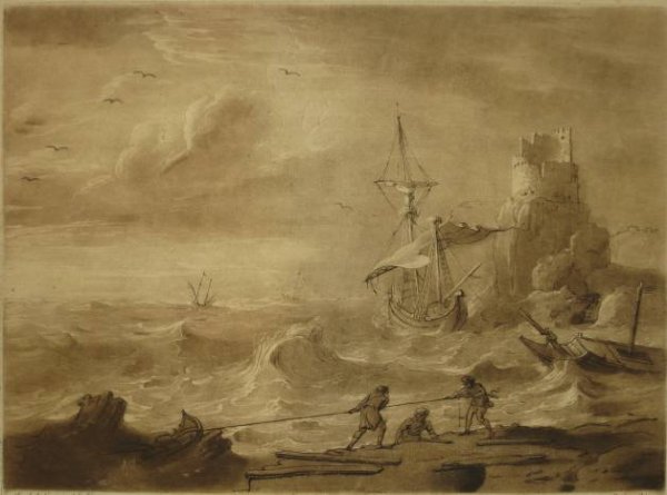 after Claude Lorrain etching: after Claude Lorrain- Shipwreck Scene- etching and aquatint, 1774, engraved by Richard Earlom, published by John Boydell, engraver in Cheapside, paper slightly age toned otherwise very good condition.