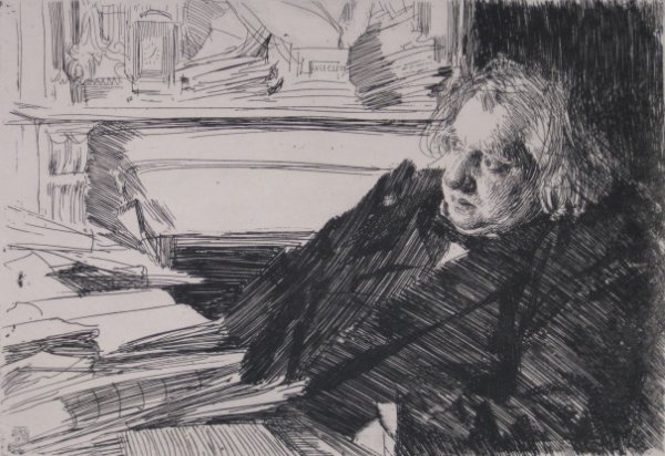 Anders Zorn etching: Anders Zorn- Clerk- etching, 1892, soiled- together with a 19th c. European etching in colors, signed illegibly, folds in margins, various sizes.