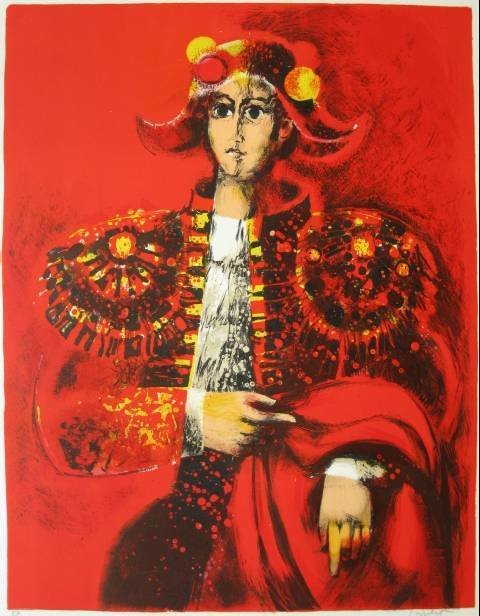 20th c. American School lithographs: 20th c. American School- Girl with Puppets; Matador- 2 lithographs in colors, both signed and numbered 'E.A.' and 272/275 in pencil, one has 1 tape mark verso otherwise very good condition. 21 7/8 x 1