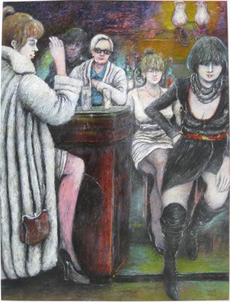 David Azuz oil pastel: David Azuz- At The Bar- oil pastel on paper, signed David Azuz lower right, very good condition. 25 x 19''