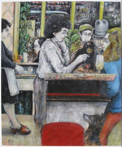 David Azuz oil pastel on paper: David Azuz- In a Cafe- oil pastel on paper, signed David Azuz lower left, one repaired tear along right side otherwise good condition. 21 1/2 x 17 1/2''