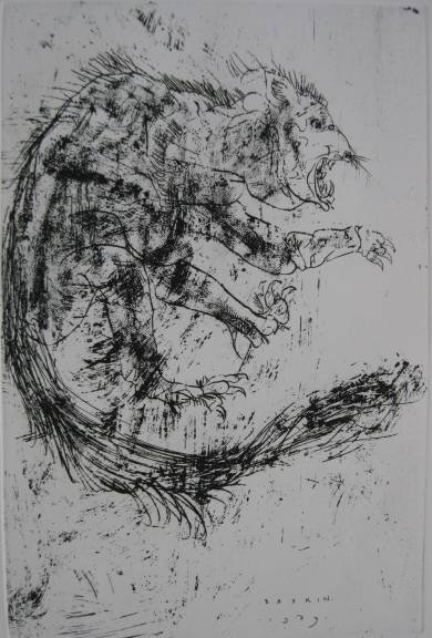 Leonard Baskin etching: Leonard Baskin- Wild Cat- etching, 1969, signed and numbered in pencil, edition of 90, very good condition. 17 3/4 x 11 3/4'' 45.1 x 29.8 cm