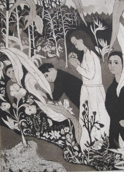 Jack Bilander etching: Jack Bilander- ''Garden Ode''- etching and aquatint, signed, titled and numbered 109/250 in pencil, taped to top mat with paper tape around edges, slight mat burn and slightly light struck. 13 7/8 x 1