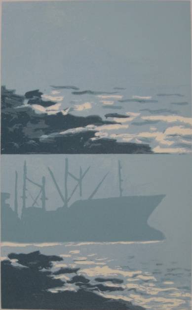 Richard Bosman woodcut: Richard Bosman- Coastal Scene- woodcut in colors, signed and numbered 54/120 in pencil, upper left corner crease well away from image. 21 3/4 x 13 1/2'' 55.2 x 34.3 cm