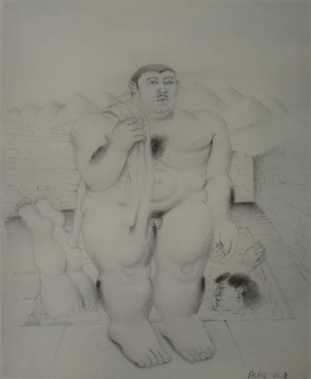 after Ferdinand Botero lithographs: after Ferdinand Botero- Male Nude; Female with Rosary- 2 lithographs (1 in color), tape marks verso, creases in margins otherwise good condition. 15 11/6 x 12 11/16'' 39.8 x 32.2 cm