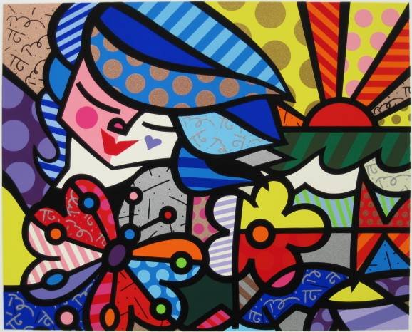 Romero Britto silkscreen: Romero Britto- Abstract Girl with Butterfly- silkscreen, signed and numbered 316/1000 in pencil, very good condition. 6 5/8 x 8 1/4'' 16.8 x 21 cm