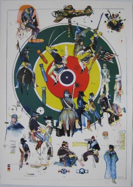 John Doyle lithograph: John Doyle- ''Sharpshooters''- lithograph in colors, signed, titled and numbered 3/76 in pencil, soft crease in corner otherwise very good condition. 41 1/2 x 29 7/8'' 36.8 x 75.9 cm