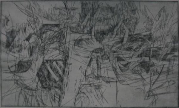 Herbert Fink etching: Herbert Fink- Tree Root- etching, signed and titled in pencil, slightly light struck, old tape hinges at top. 10 5/8 x 17 1/2'' 27 x 44.5 cm