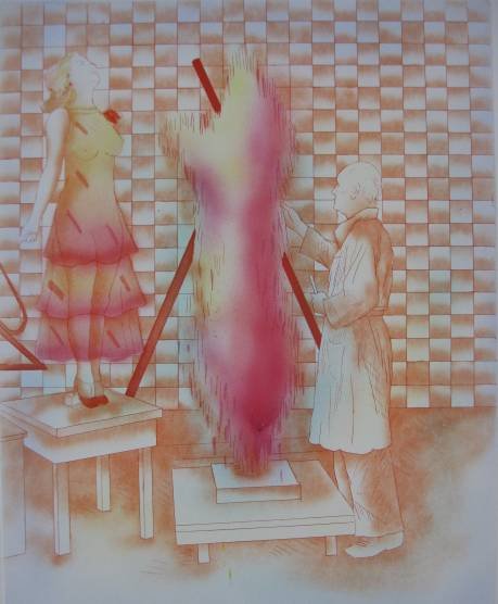 Susan Hall etching in colors: Susan Hall- ''Artist and Model Part II''- etching and aquatint in colors, 1978, signed, dated, titled and numbered 3/20 AP in pencil, very good condition. 27 3/4 x 21 5/8'' 70.5 x 54.9 cm