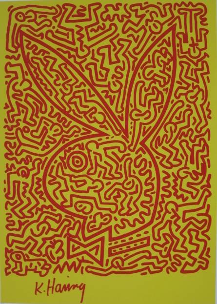 Keith Haring lithograph in colors: Keith Haring- Play Boy Bunny- lithograph in colors, numbered 990/1000 in pencil, crease in corner and margins, light struck otherwise good condition, tape marks verso, small tears on edges. 28 1/16 x 