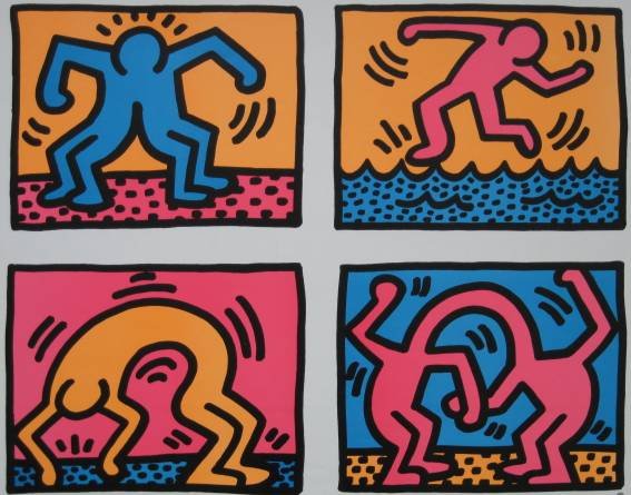 after Keith Haring silkscreen: after Keith Haring- ''Pop Shop quad II''- silkscreen, bent corners, soft creases, soiling in left margins. 33 x 47 1/8'' 83.9 x 119.7 cm