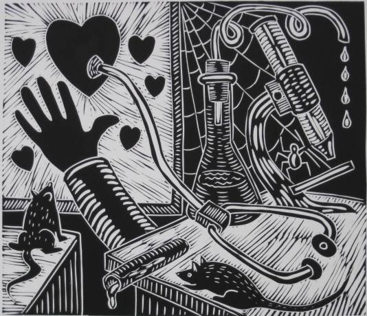 Richard B. Mock woodcut: Richard Basil Mock- Untitled- woodcut, 1986, signed, dated and numbered in pencil, edition of 40, very good condition. 13 1/4 x 15 1/8'' 33.7 x 38.4 cm