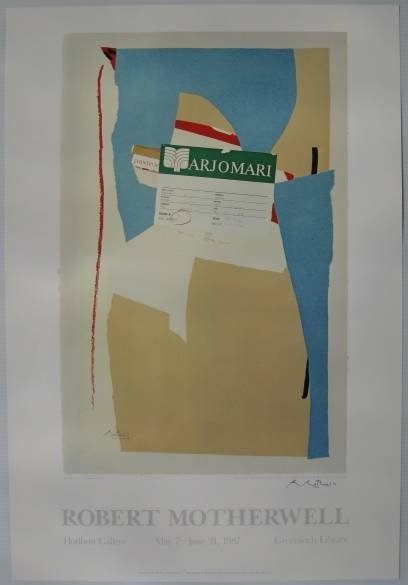 after Robert Motherwell signed poster: after Robert Motherwell- Hulburt Gallery- off-set lithographic poster in colors, signed in pen, very good condition. 28 x 14'' 71.1 x 48.3 cm