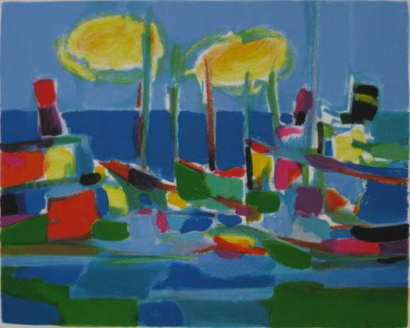 Marcel Mouly lithograph: Marcel Mouly- Coastal Scene- lithograph in colors, signed and numbered 70/300 in pencil, very good condition. 9 3/4 x 11 3/4'' 24.8 x 29.8 cm