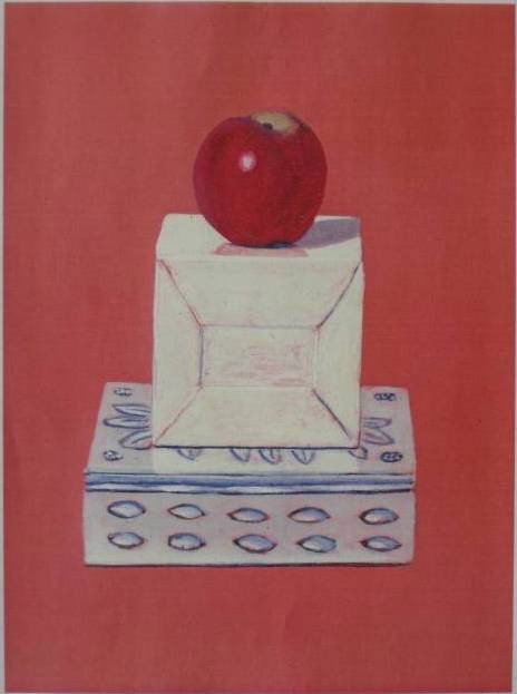 Phyllis Sloane lithograph: Phyllis Sloane- Boxes and Apples- heat transfer lithograph, 1994, signed and dated in pencil, this was a combative print in honor of the 75th anniversary of the Print Club of Cleveland, very good cond