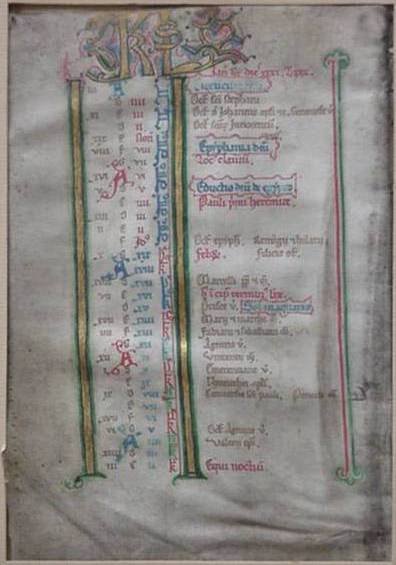 12th c. Illuminated Calendar page.: 12th C. French Illuminated Manuscript Page- January calendar, on vellum, heavily soiled, tape to top mat along left edge, old cellophane tape. 7 7/8 x 5 1/2''