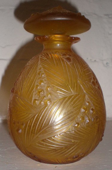 Sabino glass perfume: Sabino amber glass perfume, signed 'Sabino/France' in script on bottom, stopper broken off in bottle, several chips at rim. 4''h