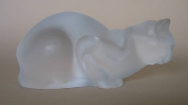 Lalique frosted glass figurine- cat: Lalique frosted glass figurine of a crouching cat, signed 'Lalique/France' (in script) bottom, very good condition. 4''h 8 1/2''l
