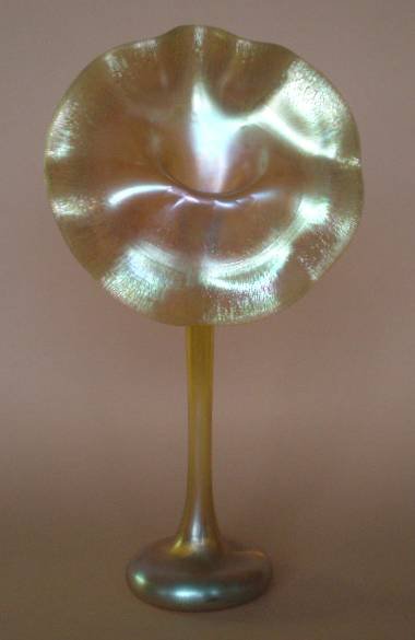 Tiffany gold Favrile Jack-In-The-Pulpit: Tiffany gold Favrile Jack-In-The-Pulpit vase, signed on bottom, cracked. 20''h