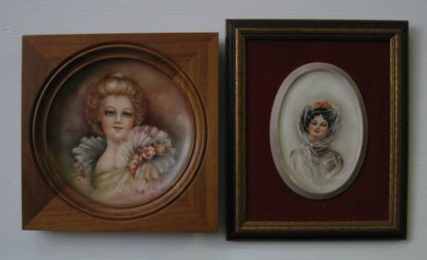 H. Litkovitz 2 hand-painted porcelain plaques: Two hand-painted porcelain plaques by Helen Litkovitz, Portraits of Women, 1 in oval form, the other circular, each signed lower right, framed, very good condition. 6 1/4 x 4'', 7 1/2''dia