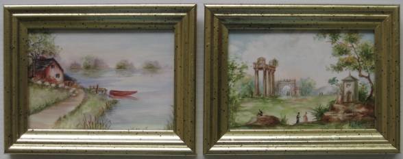 H. Litkovitz 2 small porcelain plaques: Two hand-painted porcelain small plaques by Helen Litkovitz, 1 depicting a scene of a barn by a lake, the other of an outdoor scene with figures in conversation, signed lower right, framed, very good 