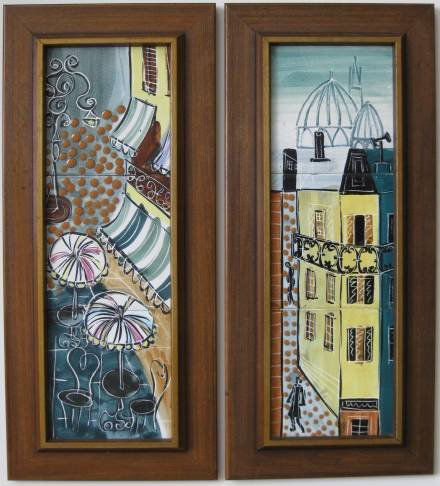 2 Harris Strong ceramic tiles: 2 Harris Strong ceramic tile, 2 three tile vertical panel designed by Arthur Secunda, 1 view of the Rialto canal in Venice in yellows, blues and greens, the other European street scene with a cafe in