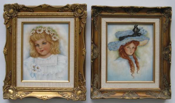 H. Litkovitz two hand-painted porcelain plaques: Two hand-painted porcelain plaques by Helen Litkovitz, 1 Portrait of A Young Girl, and 1 Portrait of A Young Woman in A Hat, signed lower right, framed, very good condition. 9 1/2 x 7 1/2''