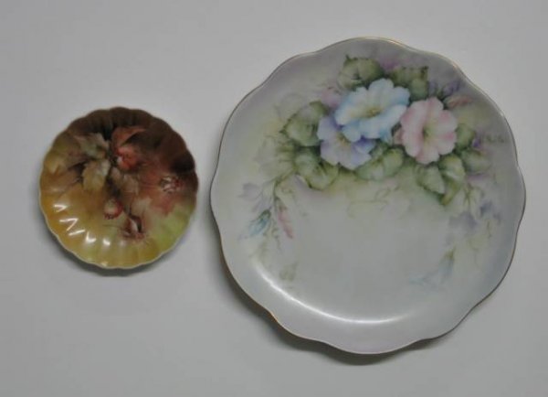 Two hand-painted porcelain plates: Two hand-painted porcelain plates- 1 by Helen Litkovitz, scalloped and applied gold edge, decorated with morning glories; 1 miniature plate by Lakides, scalloped edge, decorated with roses, both signe