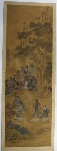 Late Qing dynasty Chinese hand-painted scroll: Late Qing dynasty Chinese hand-painted scroll- depicting a master with a servant carrying a qin talking to two farmers with a wife and son looking on. 60 x 19 1/2''