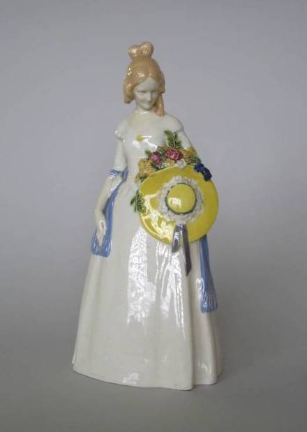Wiener, Werkstatte porcelain figure: Wiener Werkstatte glazed porcelain figure- Standing Woman, marked on bottom 'Austria' and Werkstatte symbol, repair on neck and minor chip on back bottom, otherwise good condition. 12 3/4''h