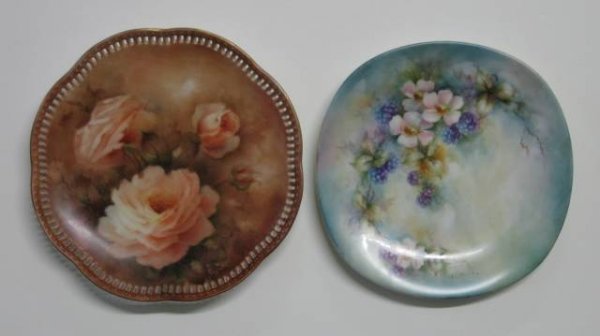 2 hand-painted porcelain plate by Helen Litkovitz: 2 hand-painted plates by Helen Litkovitz, one with blackberries and roses on a turquoise ground; other decorated with roses on a brown ground with scalloped edge and gilt accents, both signed, very go