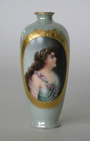 Hand-painted porcelain vase: Hand-painted porcelain vase by E. Moreau decorated with a portrait of a woman on a light green ground with gilt accents, signed, very good condition. 5 1/2''h