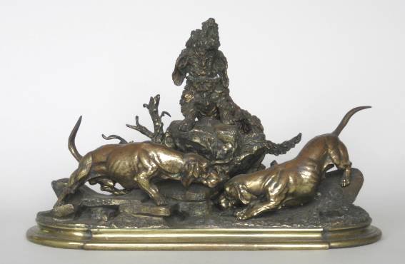 Jules Moigniez bronze: Jules Moigniez- Three dogs- bronze sculpture, signed at base, surface is worn. 13 x 20 x 9''