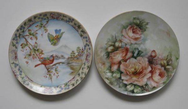 H. Litkovitz porcelain plates: 2 hand-painted plates. One by Helen Litkovitz decorated with two birds on a branch against an oriental scene. Second plate is by Mary Patusky decorated with pink roses, both signed on the front, Patus