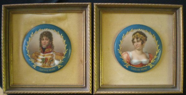Pair of hand-painted porcelain Medallions by Resc: Pair of hand-painted porcelain Medallions by Resch- Portrait of Caroline Murat; Portrait of Joachim Murat; both signed. 3''dia ea.