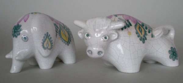 Arabia of Finland ceramic animals: 2 Arabia of Finland ceramic figurines designed by Kassinen, ca. 1954, a bull and an elephant, both signed on bottom, very good condition. 3 3/4''; 4''