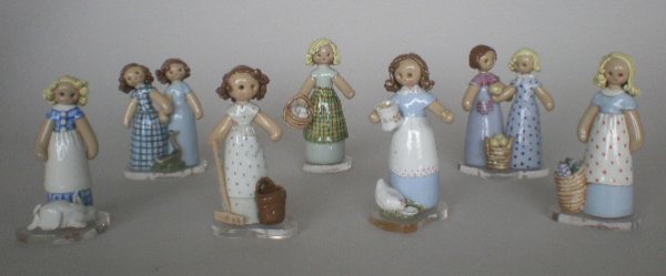 Arabia of Finland ceramic figurines: 7 Arabia of Finland ceramic figurines of little girls, all stamped on bottom, two of the figures are signed by Hilkka Rautio, good condition, various sizes.