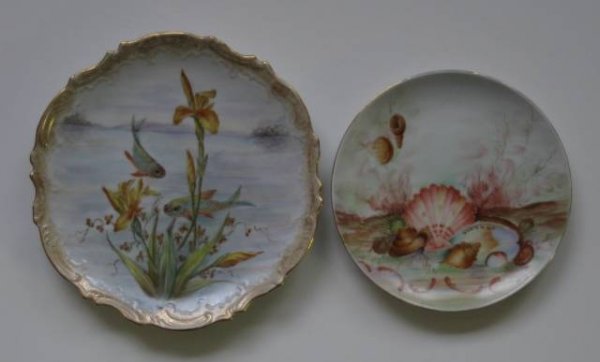 2 hand-painted plates by Helen Litkovitz: 2 hand-painted plates by Helen Litkovitz, one decorated with seashells and one with an underwater scene, both have gilt accents, both signed, very good condition. 7 5/8''; 9 5/16''