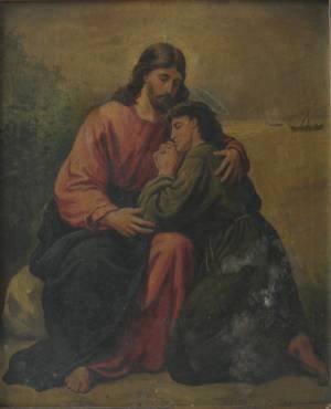 Joseph M. Kavanaugh oil: Joseph M. Kavanaugh- Christ and St. John The Baptist- oil on canvas, signed J. M. Kavanaugh- lower right, surface grime. 24 x 20''
