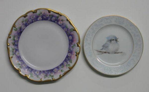 H. Litkovitz two hand-painted porcelain plates: Two hand-painted porcelain plates by Helen Litkovitz- 1 with scalloped edge, decorated with white daisies and over purple and pink on rim; 1 smaller depicting a baby blue jay on branch with a blue and