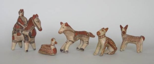 7 Mexican ceramic animals: 7 Mexican ceramic animals, ca. 1950's- Rabbit, Duck and Dog from Guerrero; Running Horse from San Augustin de las Flores; together with a Horse and Rider, Donkey and Ram, crazing and repair, various s