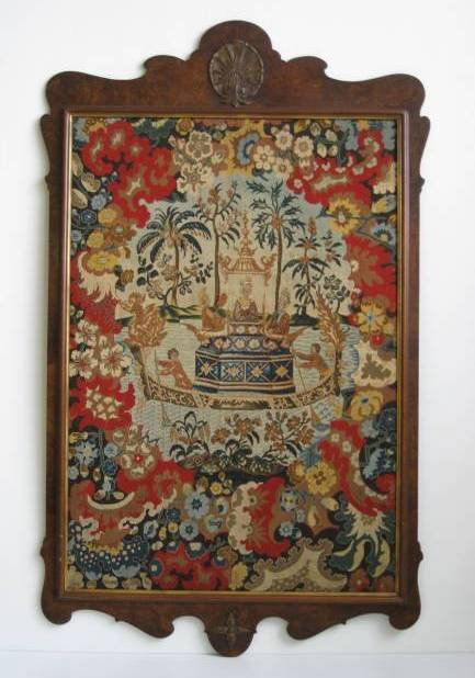 19th c. European Needlepoint: 19th c. European Needlepoint- with central Medallion of 3 ladies in a boat, in a burled walnut frame. 41 x 28''