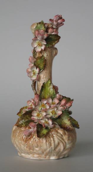 H. Litkovitz hand-painted porcelain bud vase: Hand-painted porcelain bud vase by Helen Litkovitz, with applied tree burl and apple blossoms wrapping around, marked on bottom, very good condition. 8''h