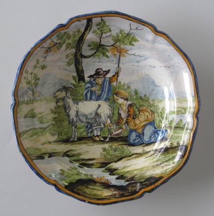 8 20th c. Italian ceramics: 8 20th c. Italian ceramics- including Bianchi Fabbrica Plate decorated with a pastoral scene, 3 Deruta plates, another plate, 2 bowls and a vase, all have some chips and cracks, various sizes.